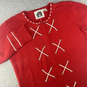 HSN Storybook Knits Red Lace Up Zip Front Cardigan‎ Cottagecore Sweater XS
